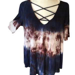 American Eagle AEO SOFT & SEXY TIE DYE TOP CRISS CROSS DEEP NECK…